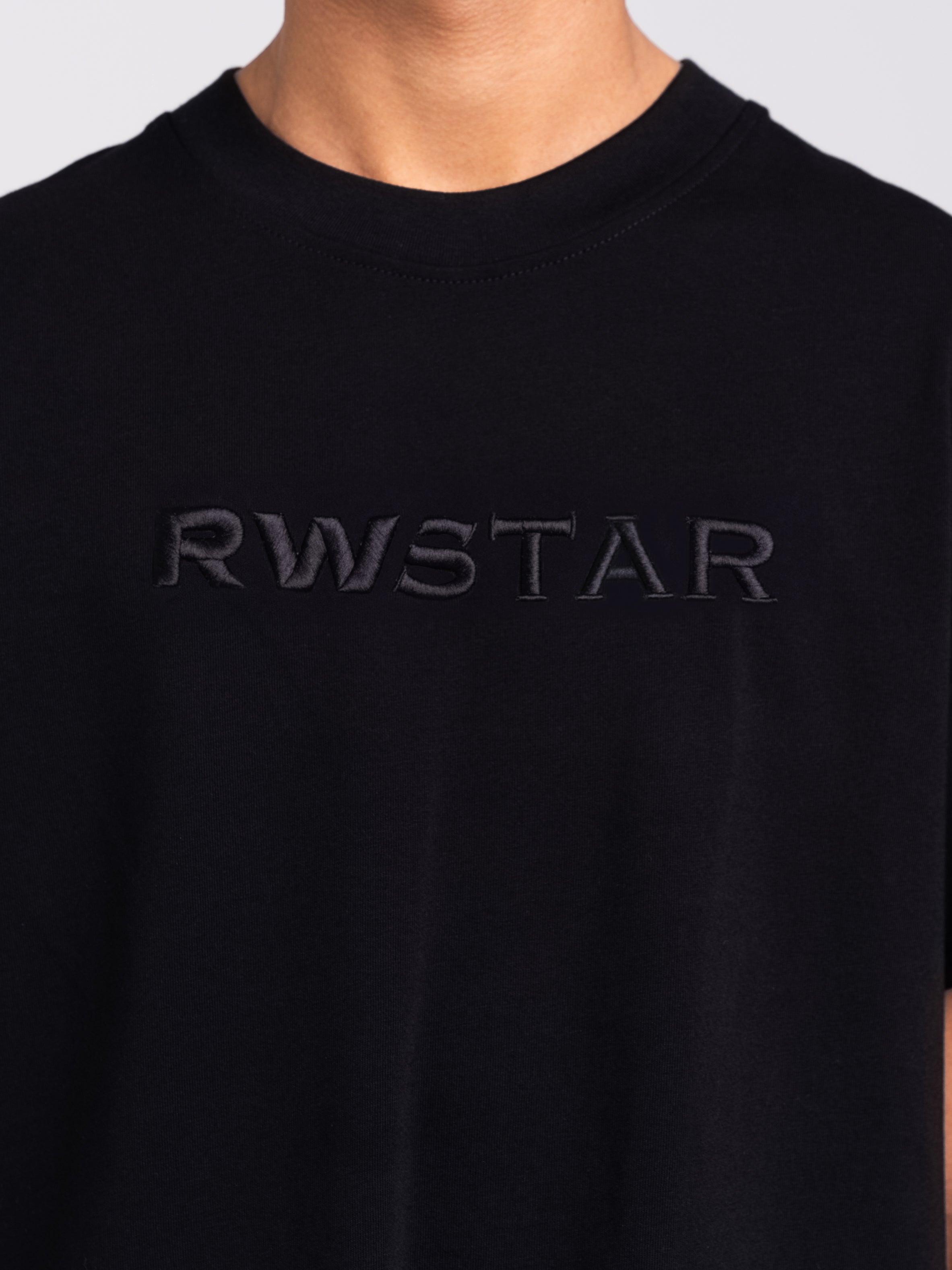 RAWSTAR Antares Acronym T-Shirt in black – close-up of chest “ACRONYM” logo print, handmade in Italy.