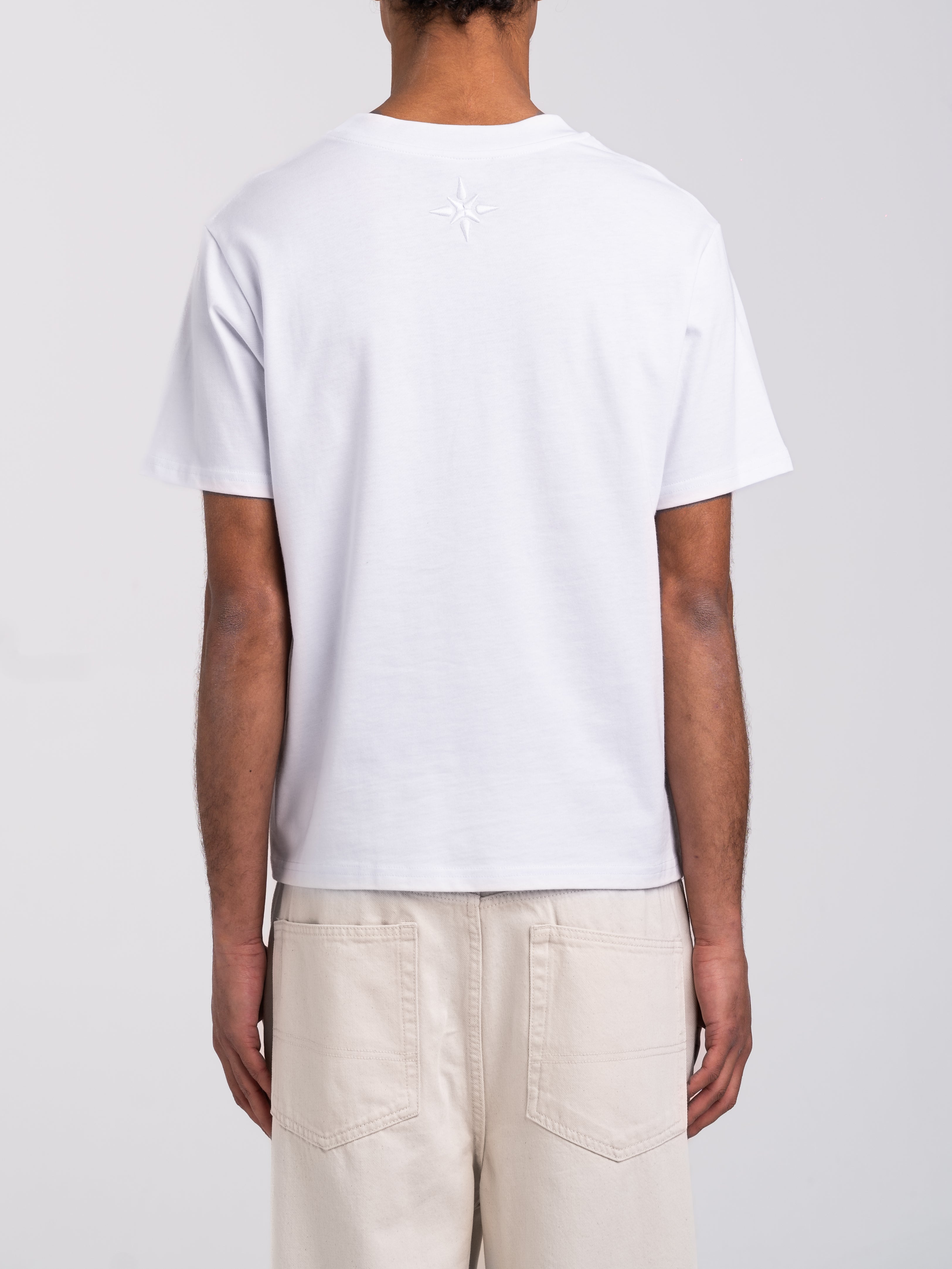RAWSTAR Antares Acronym T-Shirt in white – back view, premium Italian cotton and branded back detail.