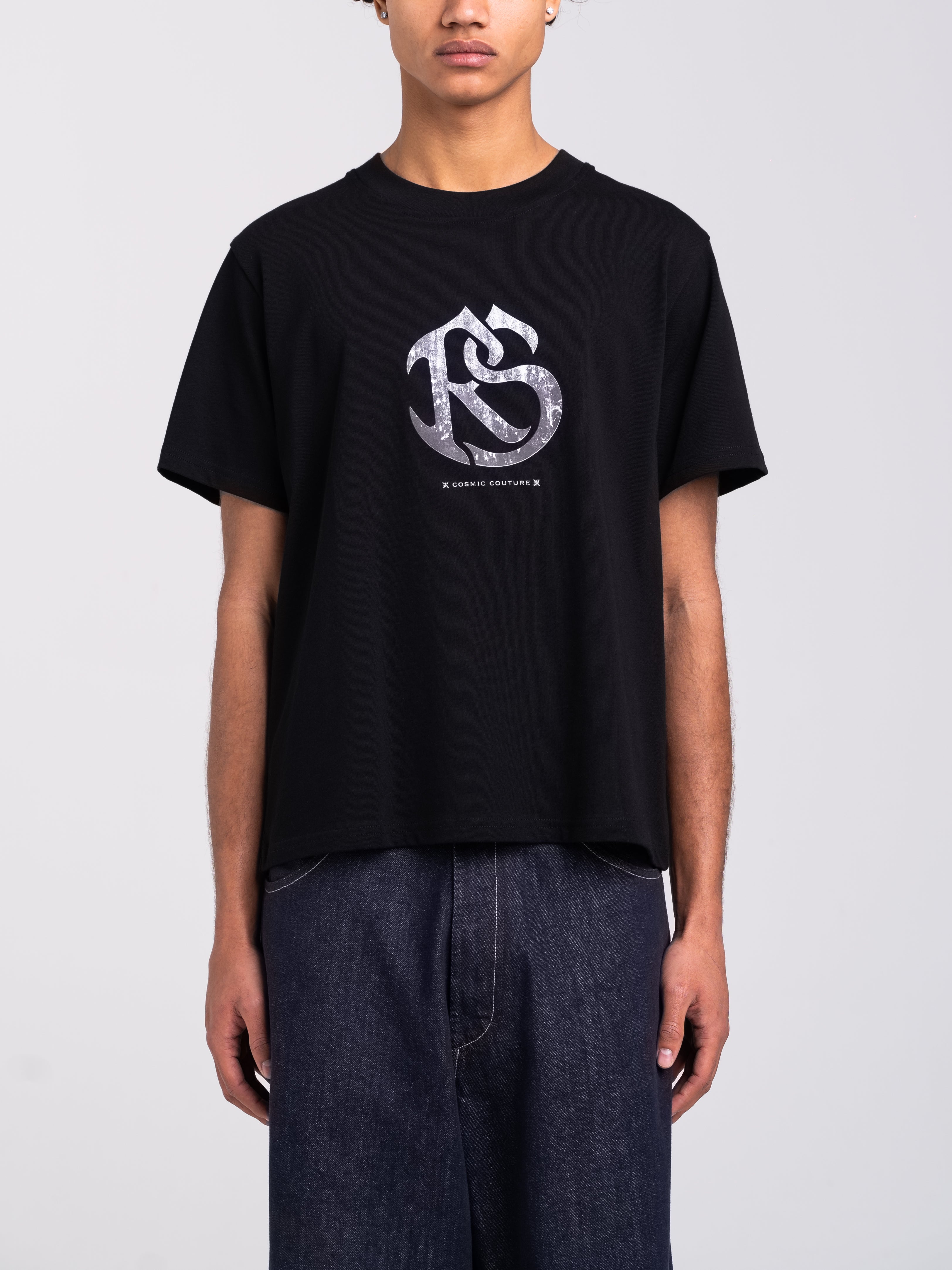 RAWSTAR Antares Astra Stellar T-Shirt in black – front view of luxury streetwear oversized fit, made in Italy.