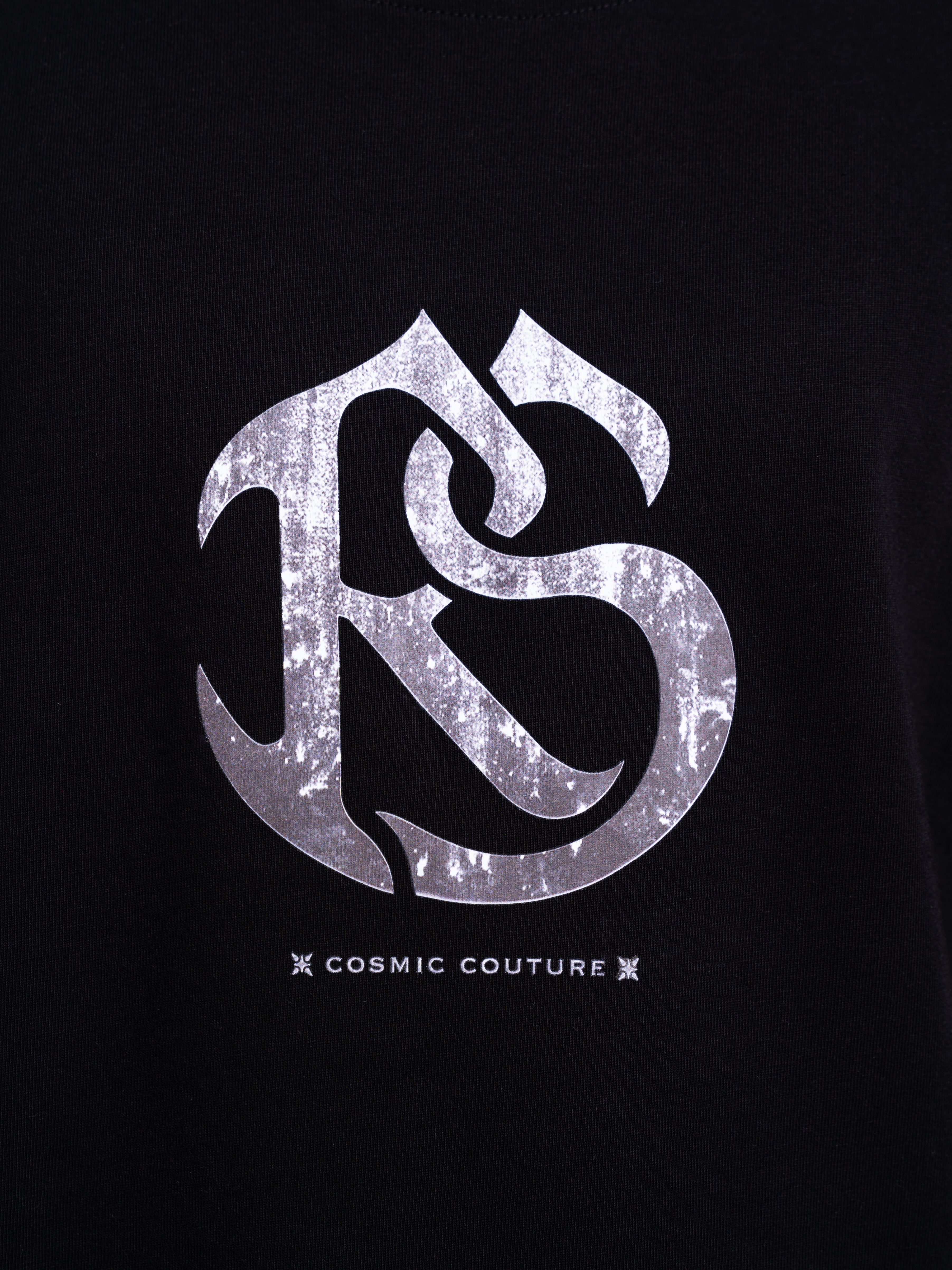 RAWSTAR Antares Astra Stellar T-Shirt – close-up of chest logo print “RS”, limited edition premium streetwear.