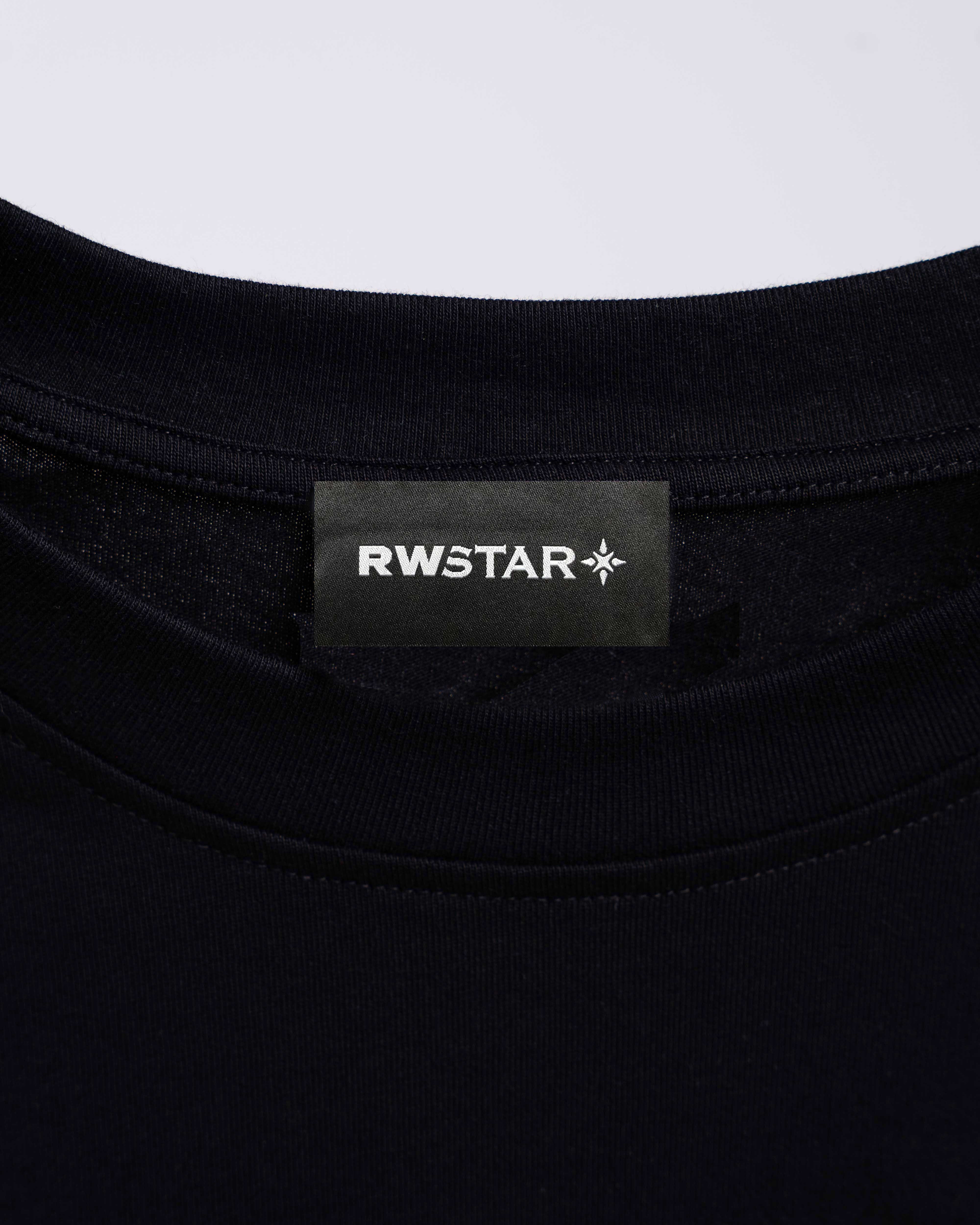 RAWSTAR Antares Astra Stellar T-Shirt – close-up of “Astra Stellar” high-rubber print and textured finish, handmade in Italy.
