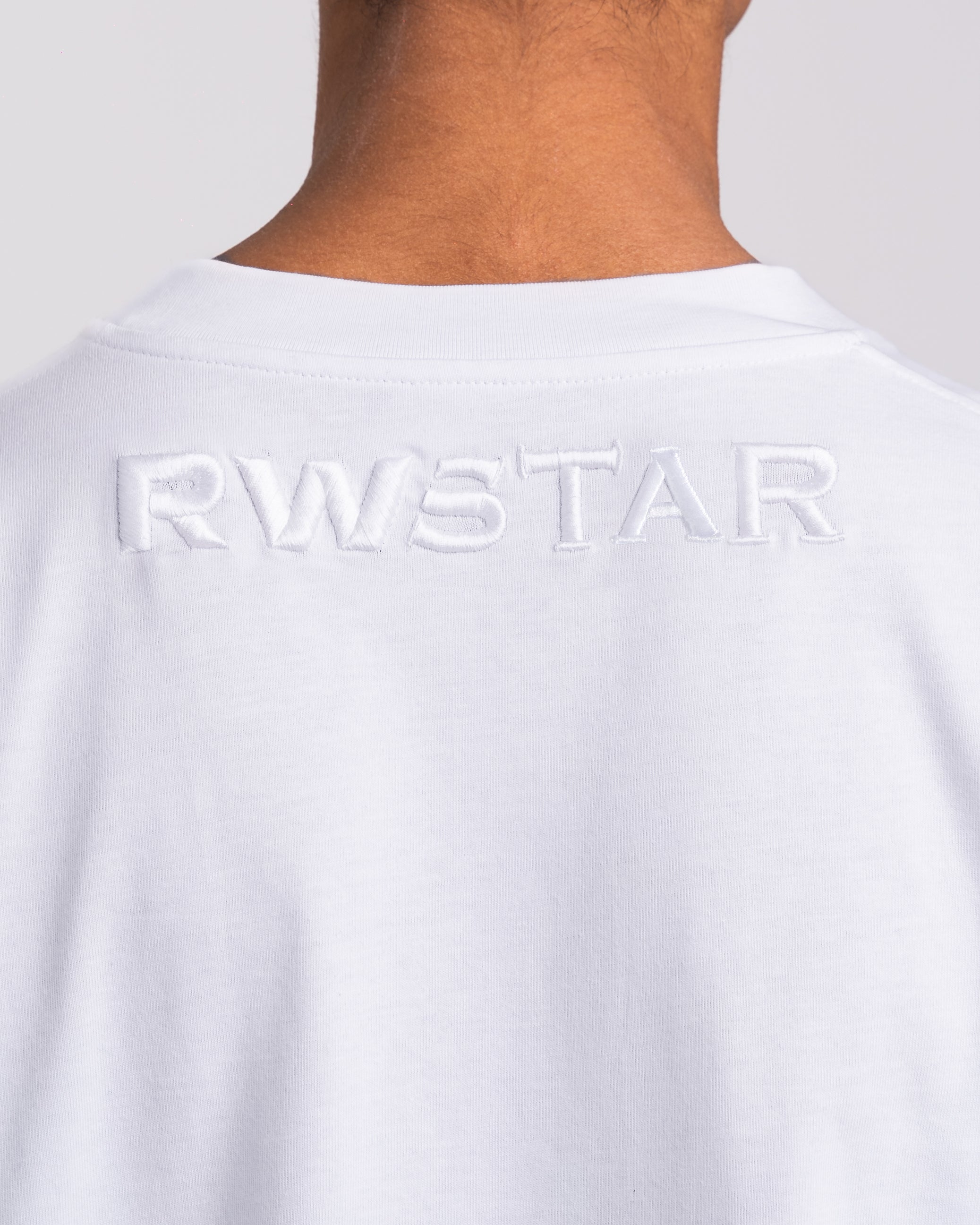 RAWSTAR Antares Astra Stellar T-Shirt in white – detailed view of RAWSTAR embroidered logo on back, Made in Italy.