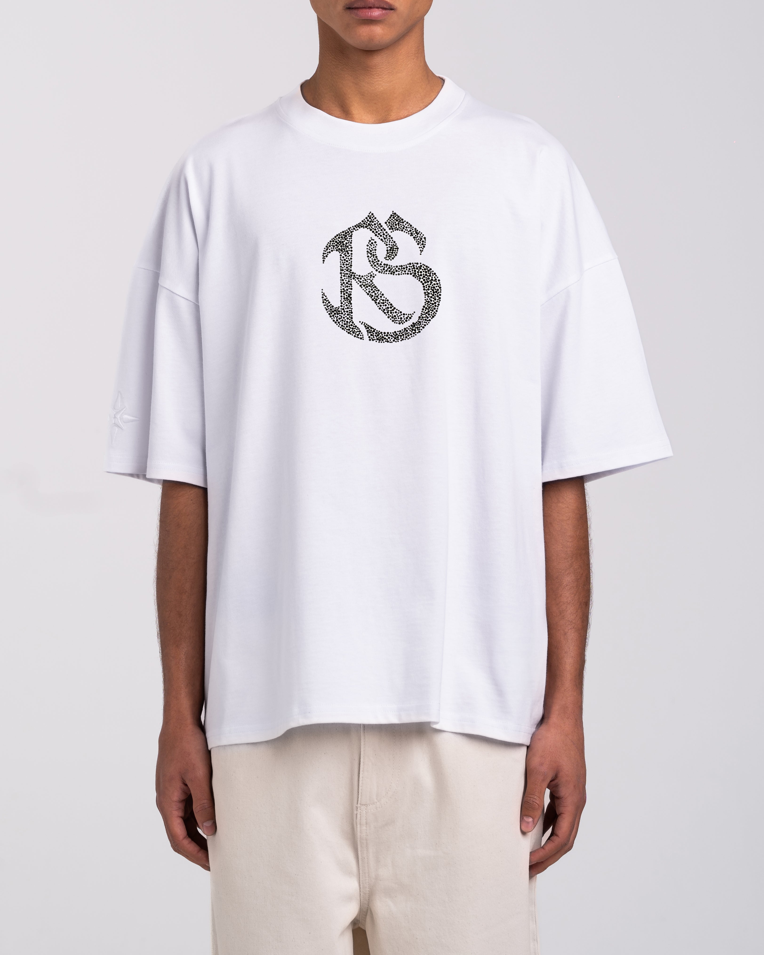 RAWSTAR Antares Astra Stellar T-Shirt in white – detailed view of embroidery, limited edition luxury streetwear Made in Italy.