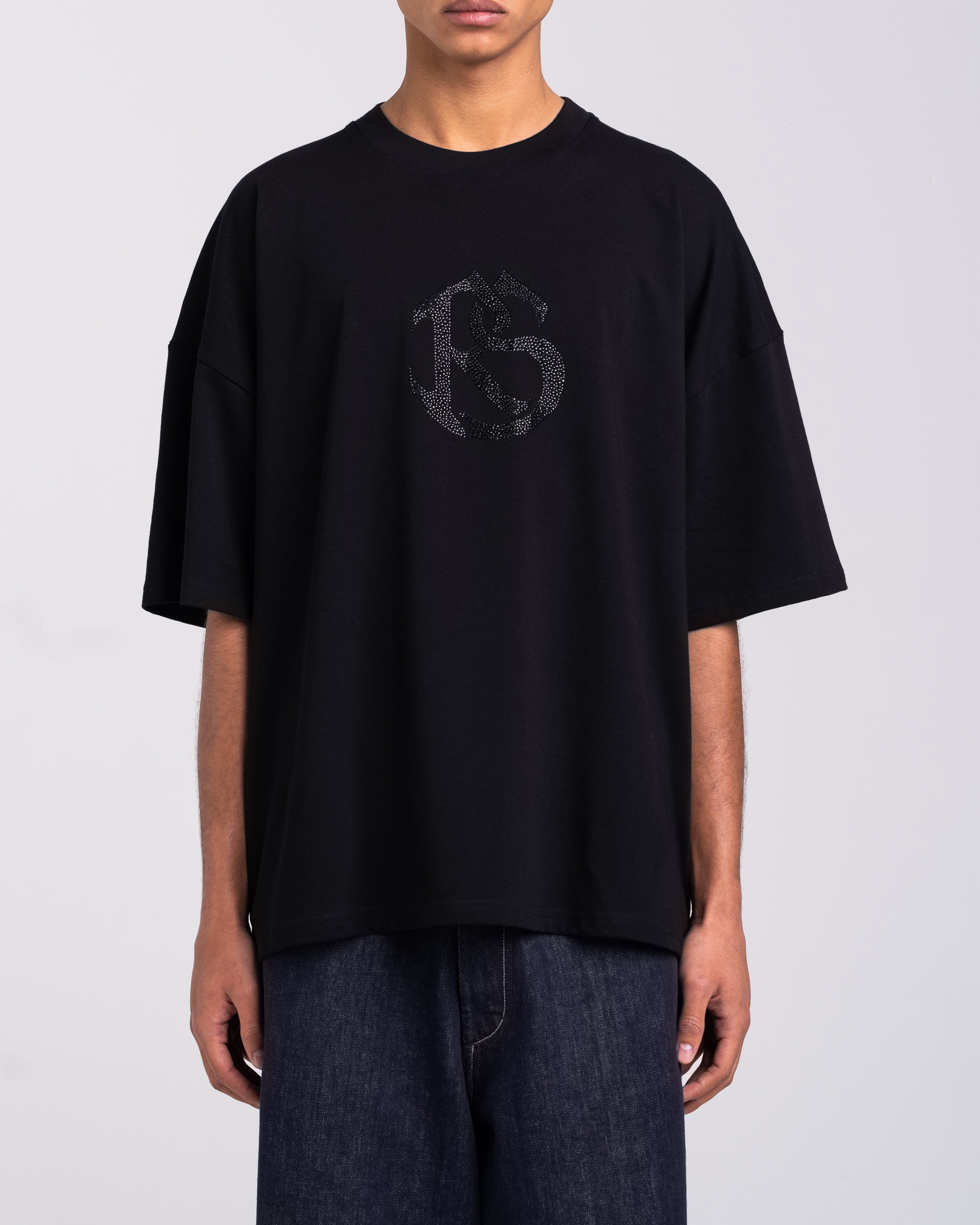 RAWSTAR Antares Cosmic Couture T-Shirt in black – front view, luxury streetwear made in Italy, limited edition oversized fit.