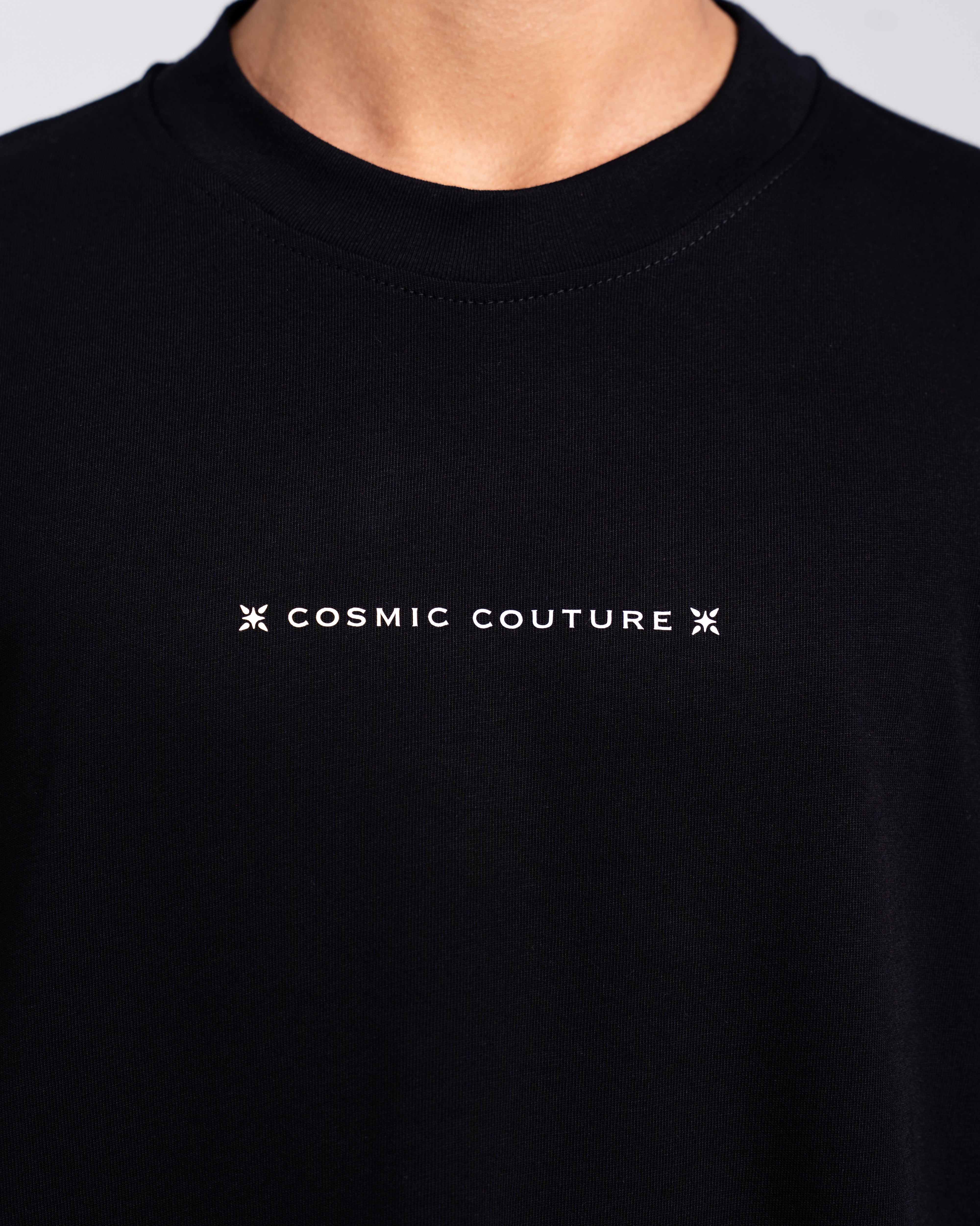 RAWSTAR Antares Cosmic Couture T-Shirt close-up of “Cosmic Couture” print – high-rubber finish, Italian craftsmanship.