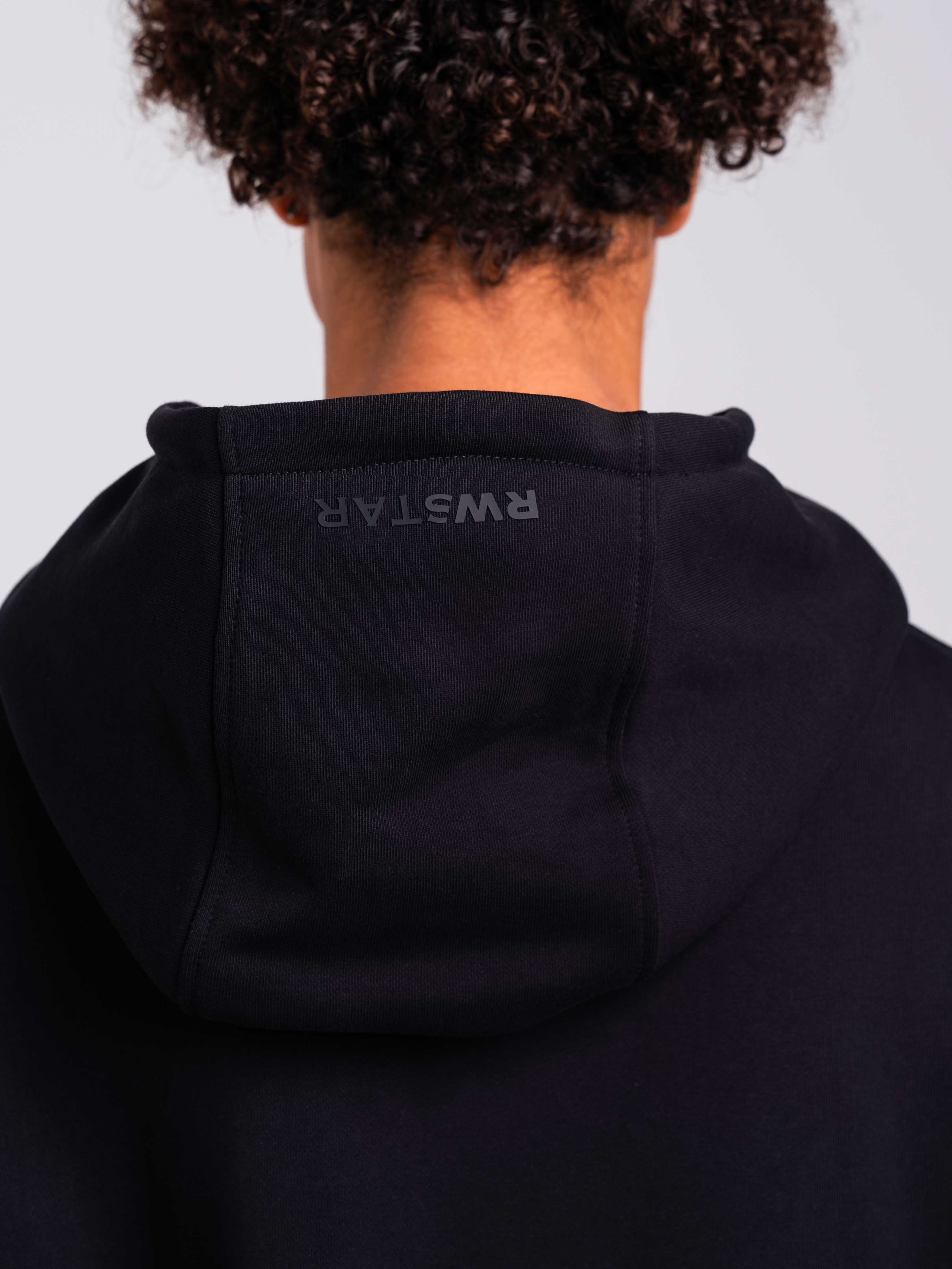 RAWSTAR Sirio Sweatshirt in black – close-up of hood label and stitching, exclusive limited edition drop.