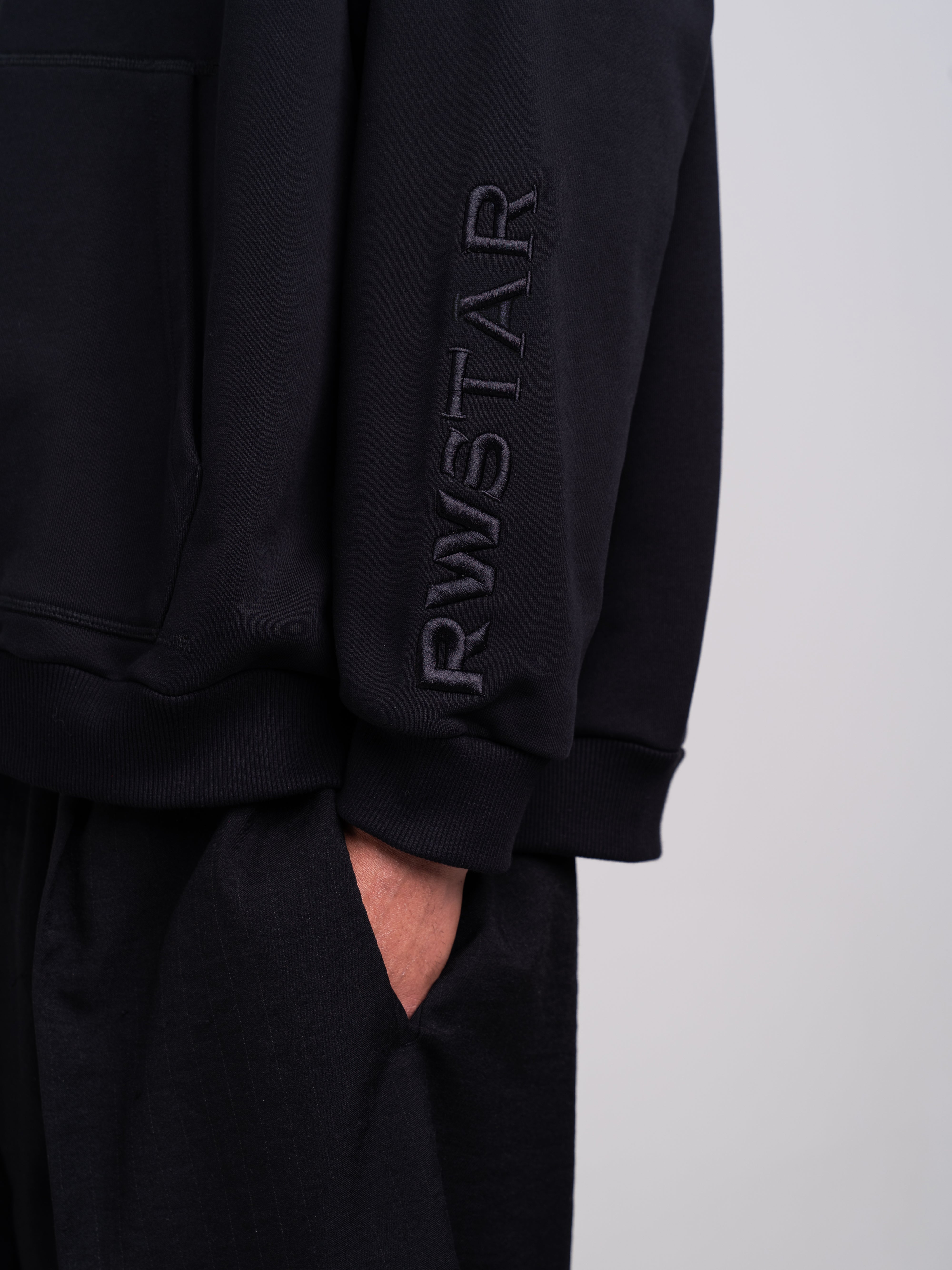 RAWSTAR Sirio Sweatshirt in black – close-up of sleeve print detail and premium material, Made in Italy.