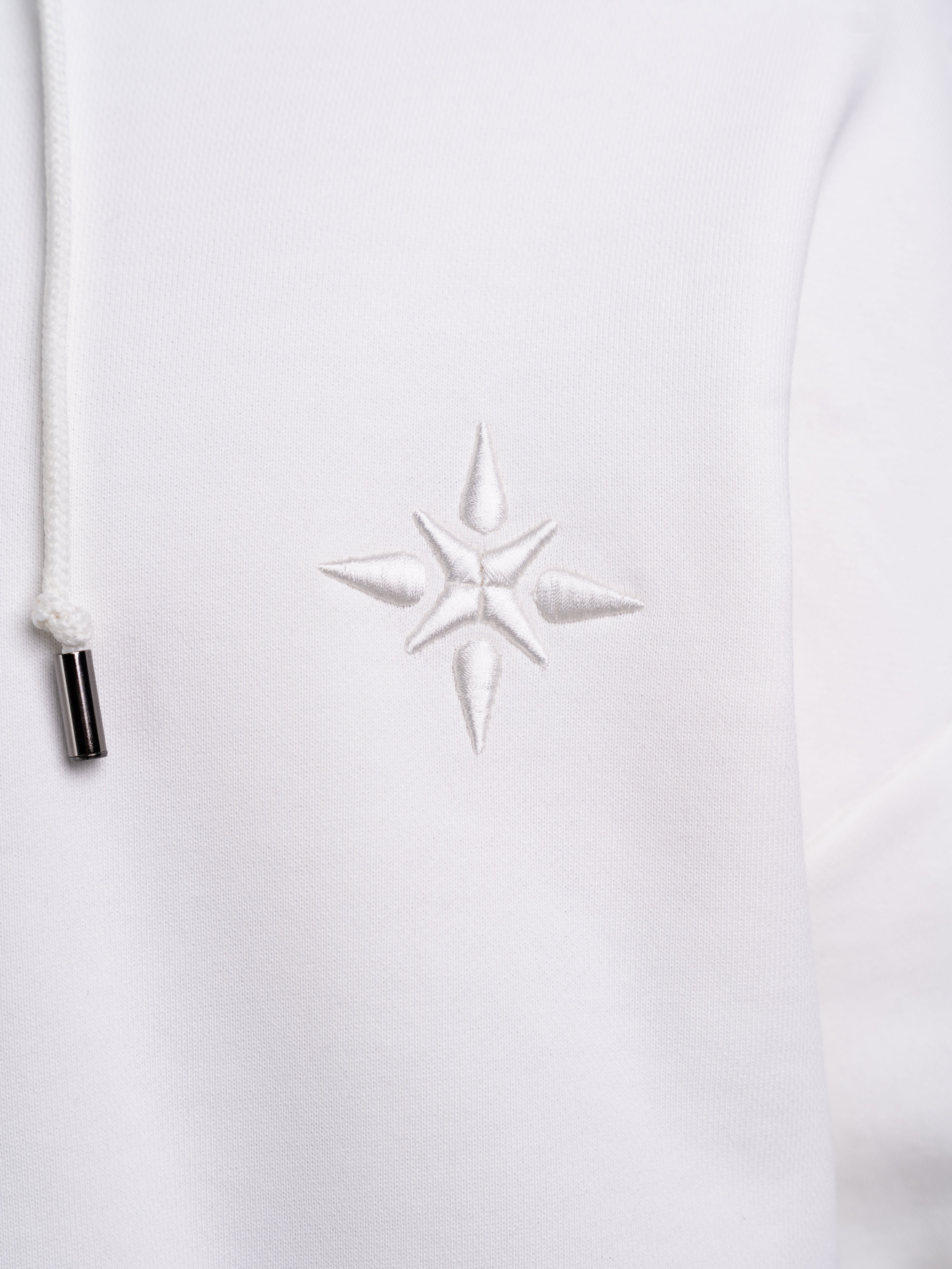 RAWSTAR Sirio Sweatshirt in white – close-up of chest star embroidery motif, luxury limited drop.
