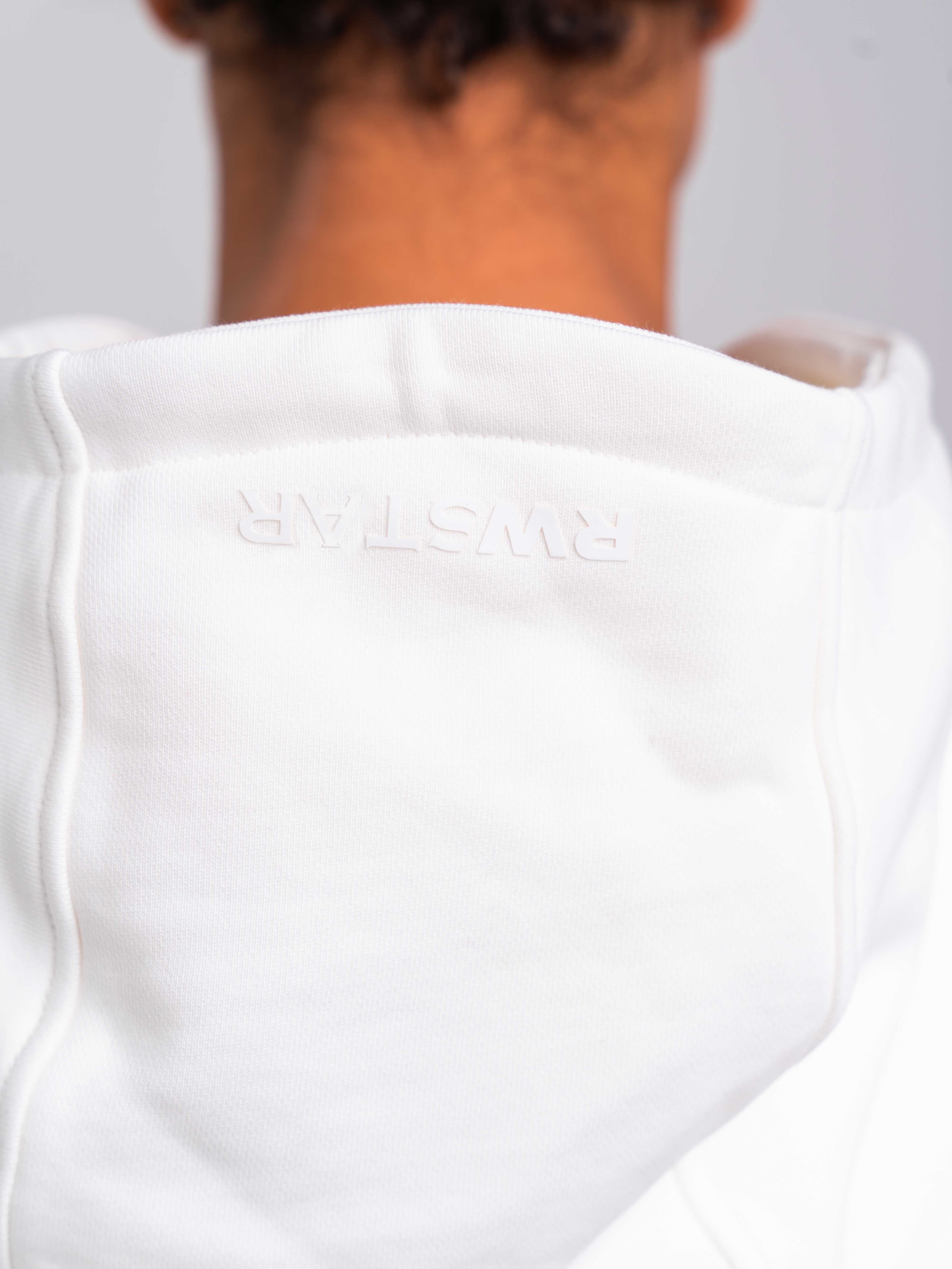 RAWSTAR Sirio Sweatshirt in white – close-up of hood label and stitching detail, limited edition streetwear.