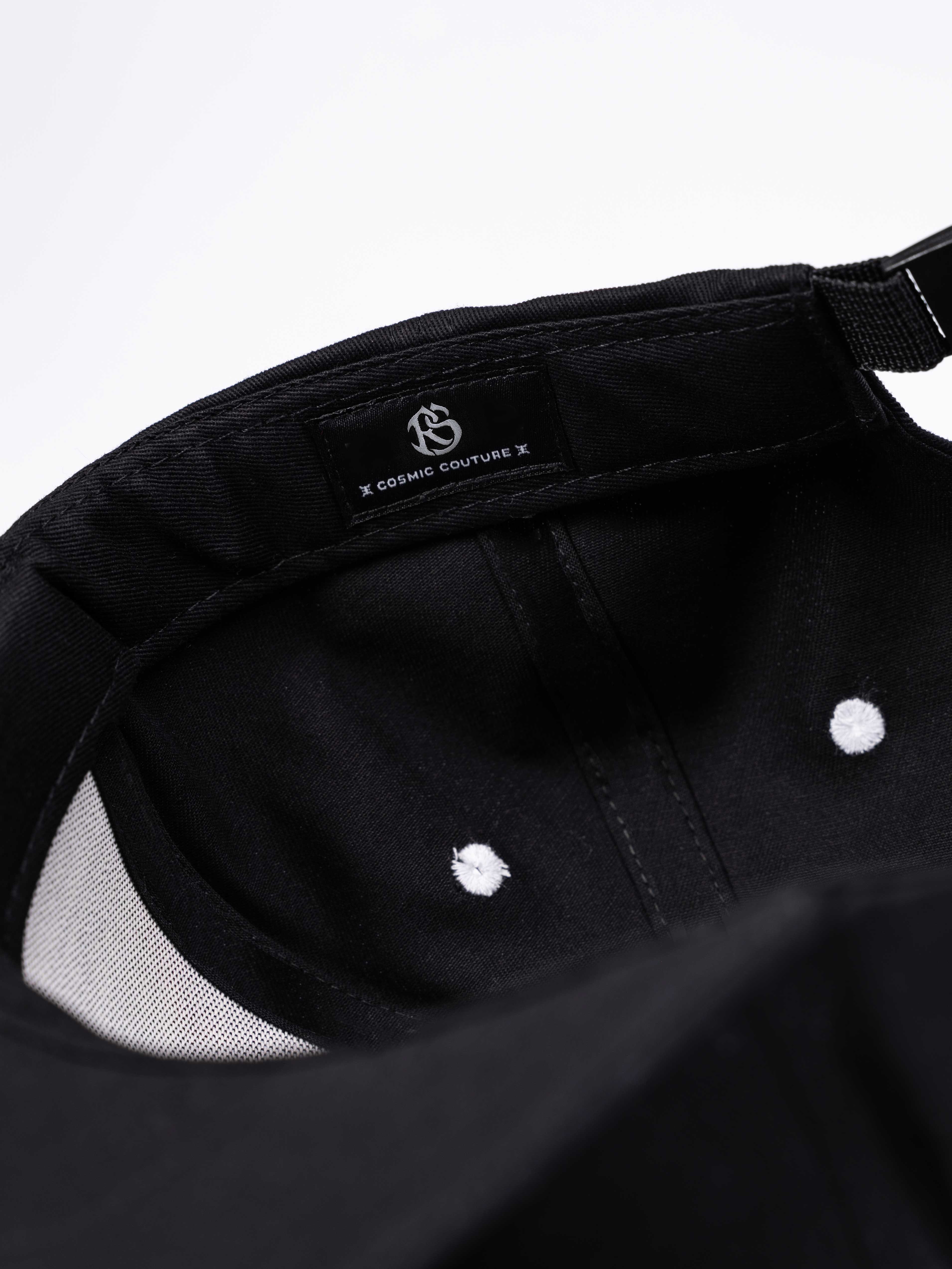 RAWSTAR Solaris Trucker Hat in black – interior label close-up “Made in Italy”, exclusive drop. Close up.