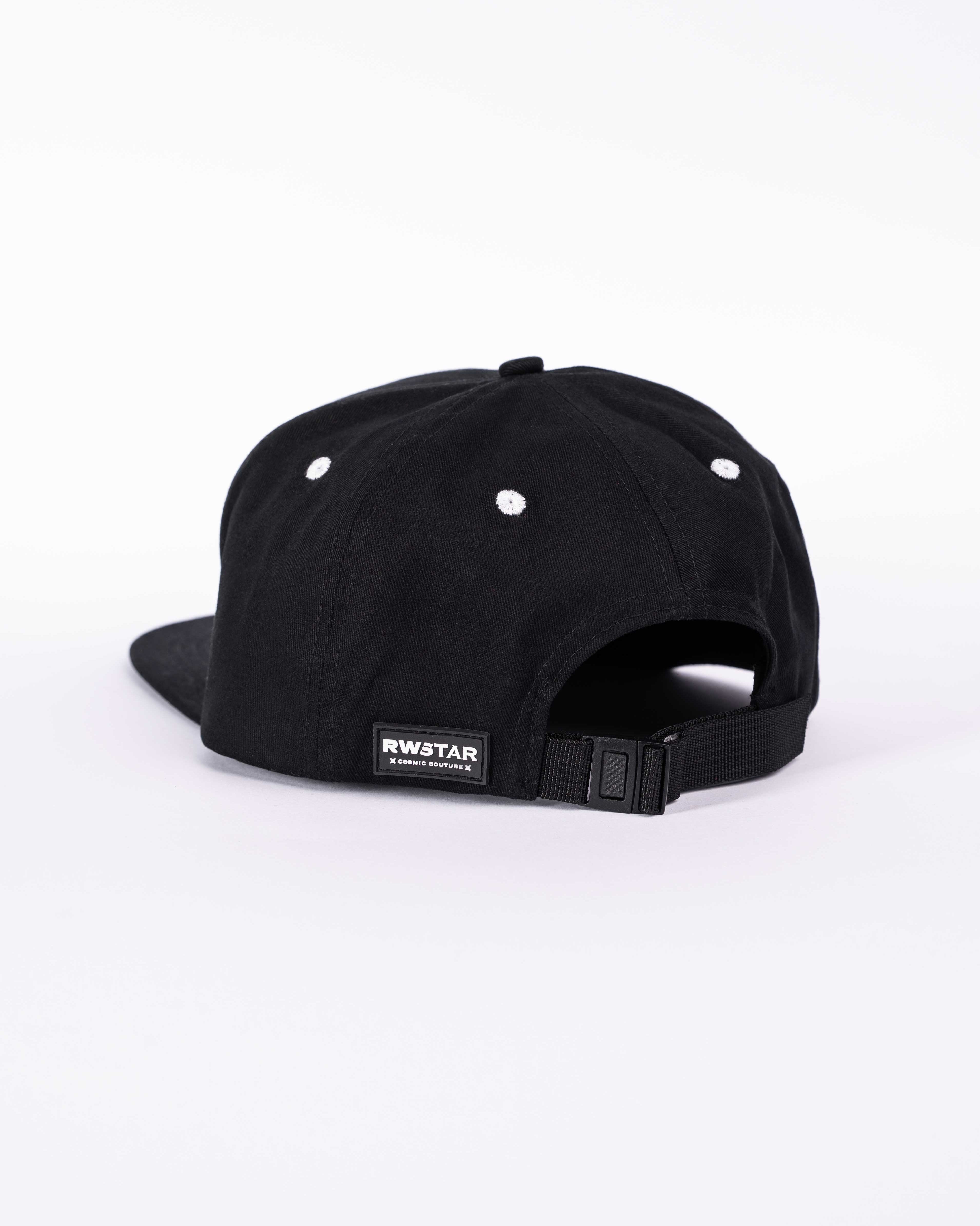 RAWSTAR Solaris Trucker Hat in black – interior label close-up “Made in Italy”, exclusive drop.