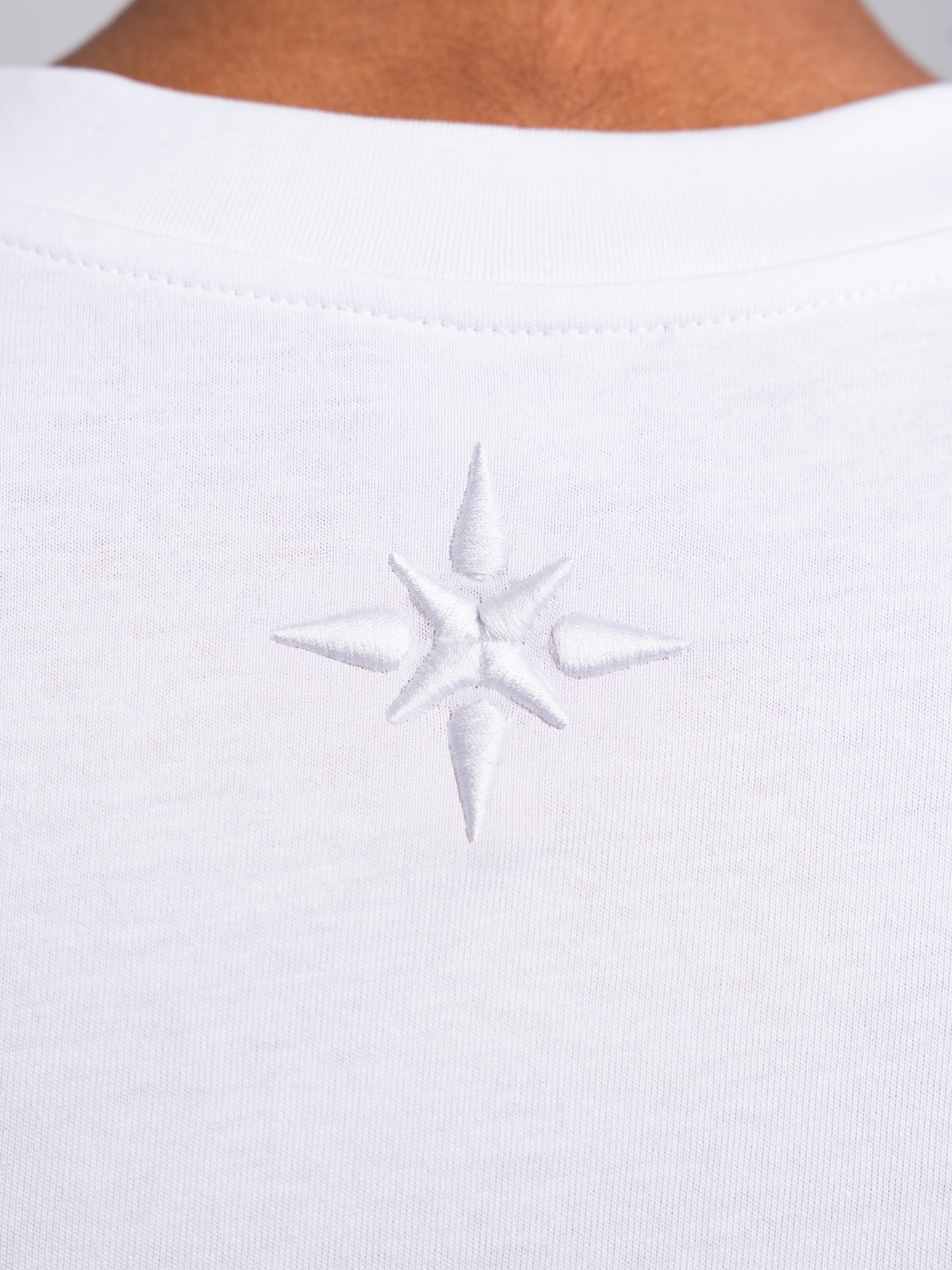 RAWSTAR Antares Acronym T-Shirt in white – back close view, luxury streetwear made in Italy, limited edition.