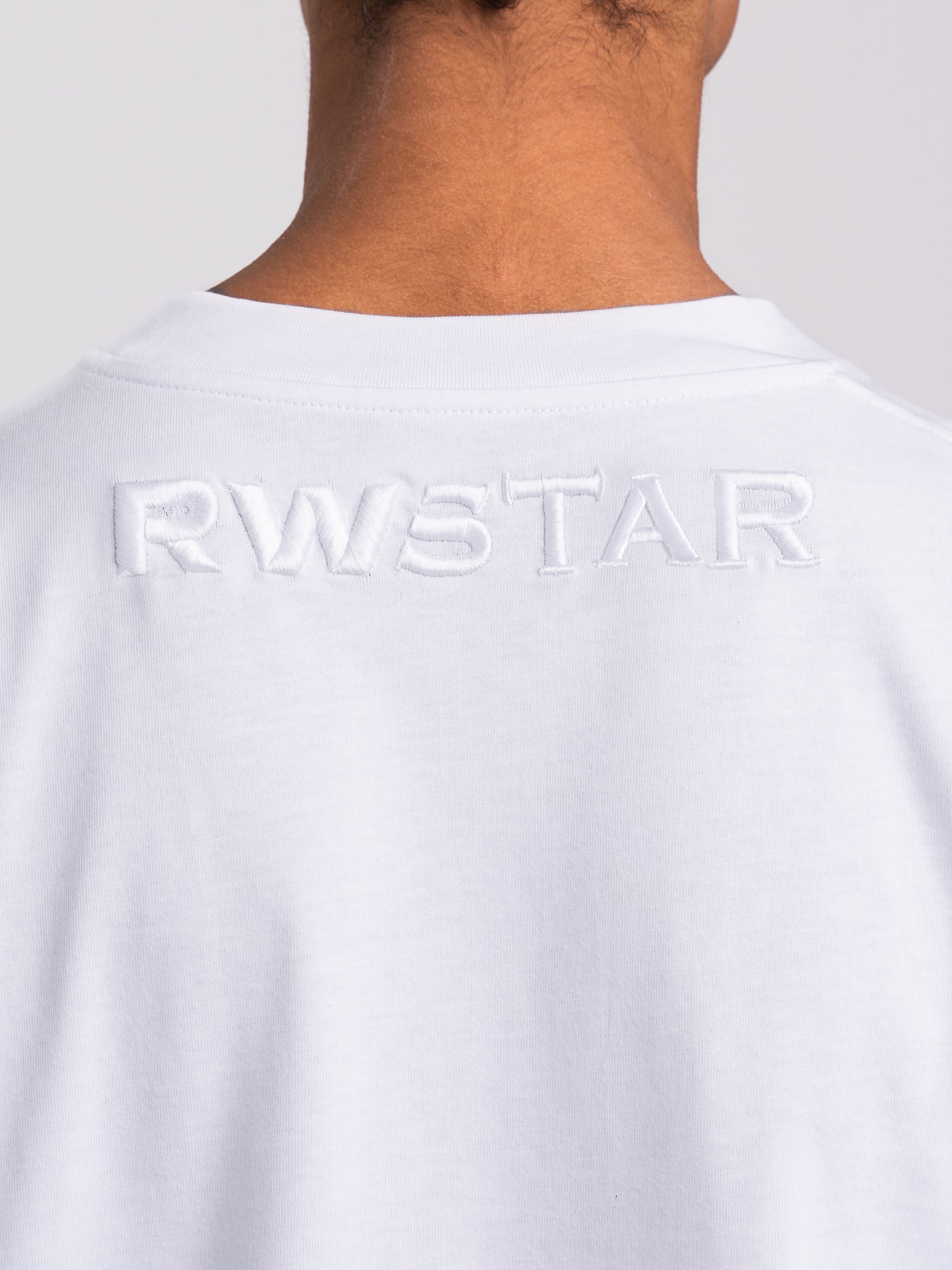 RAWSTAR Antares Astra Stellar T-Shirt in white – detailed view of RAWSTAR embroidered logo on back, Made in Italy.