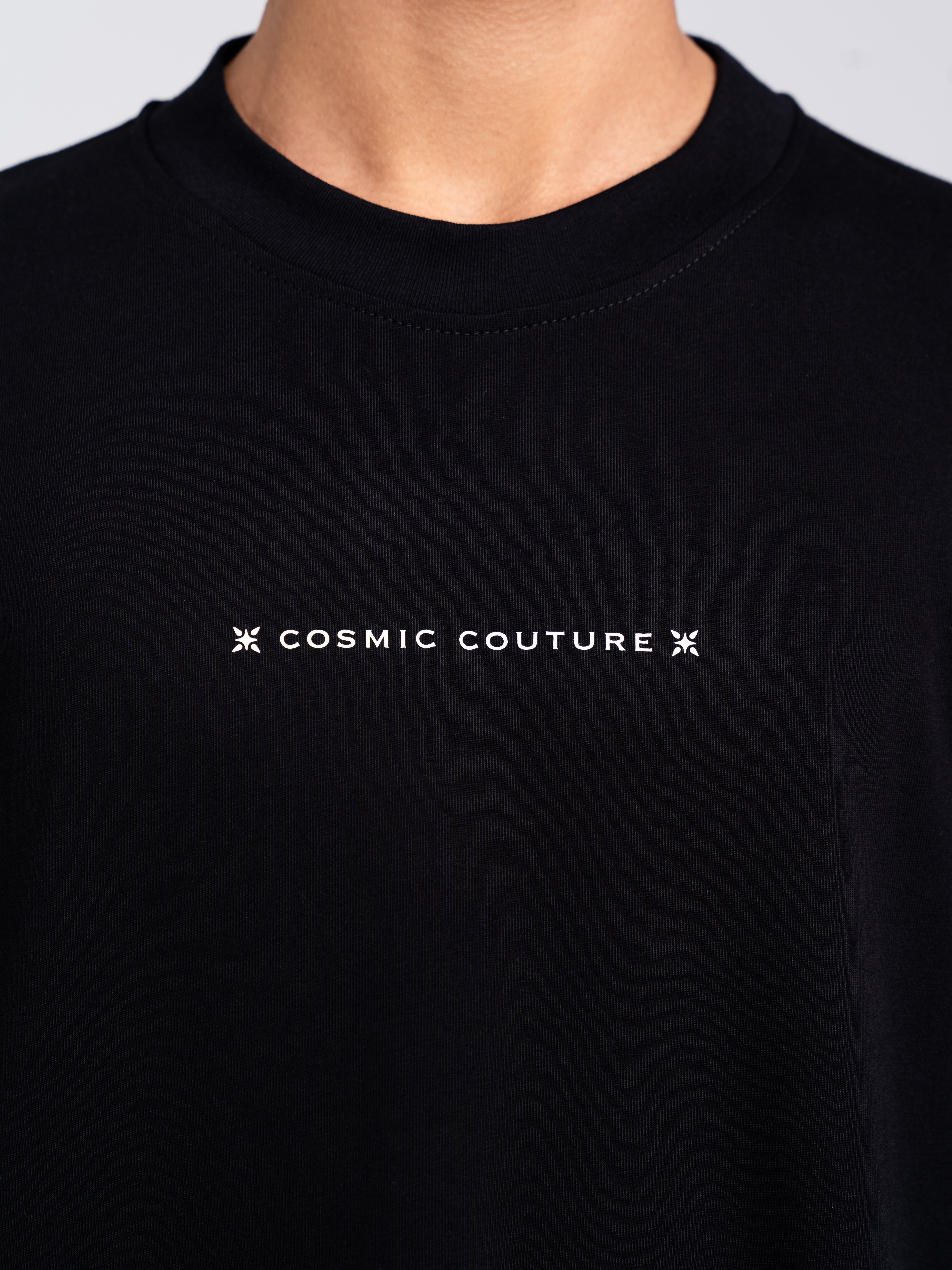 RAWSTAR Antares Cosmic Couture T-Shirt close-up of “Cosmic Couture” print – high-rubber finish, Italian craftsmanship.