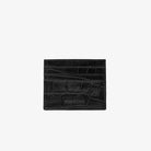 Close-up of RAWSTAR Equinox card holder showing premium crocodile texture and embossed logo — luxury Italian craftsmanship.