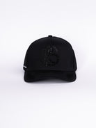 RAWSTAR Orion Trucker Hat in black – back view showing adjustable strap and logo detail, luxury made in Italy.
