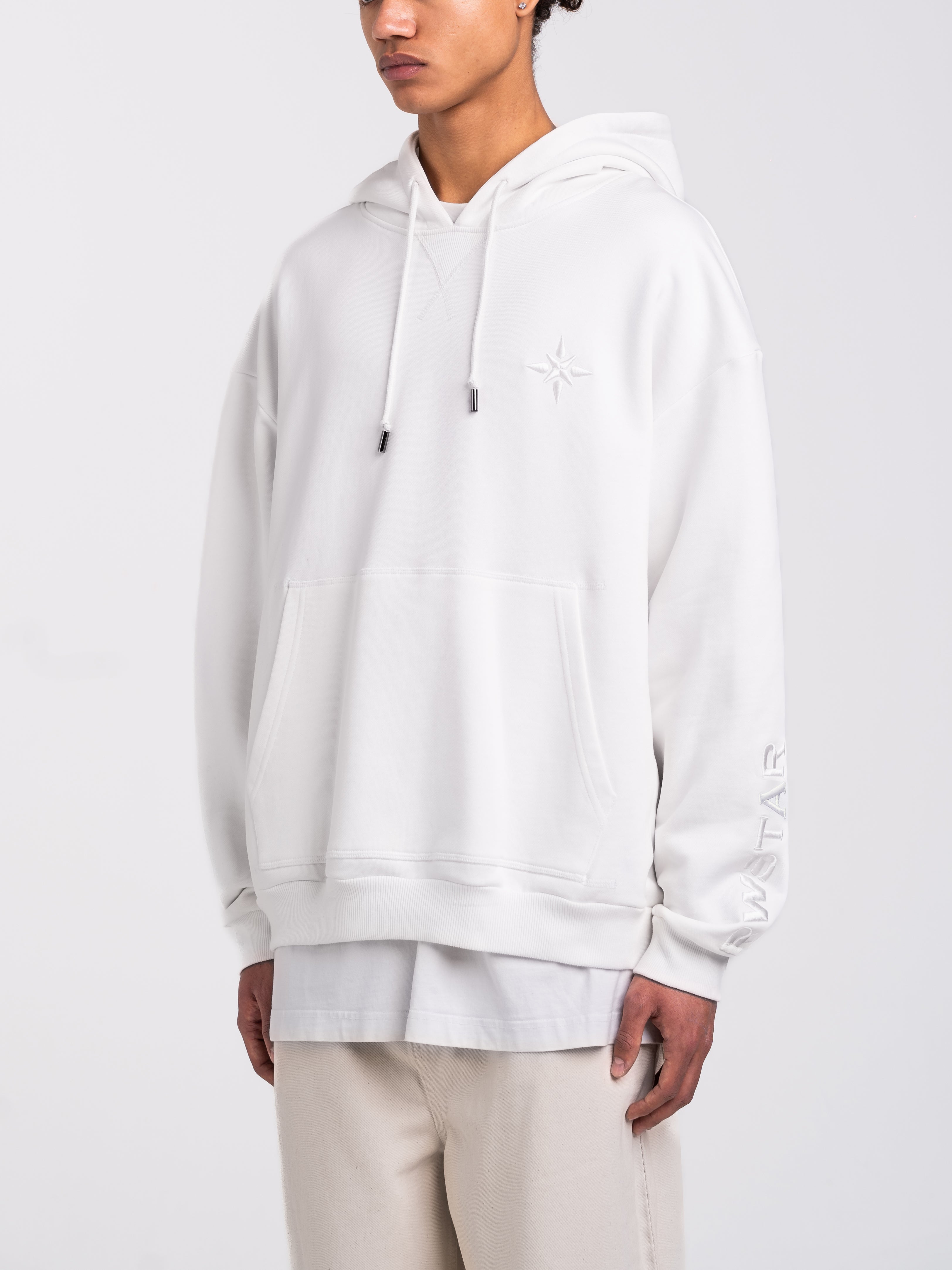 RAWSTAR Sirio Sweatshirt in white – side view of model wearing the oversized fit, premium Italian craftsmanship.